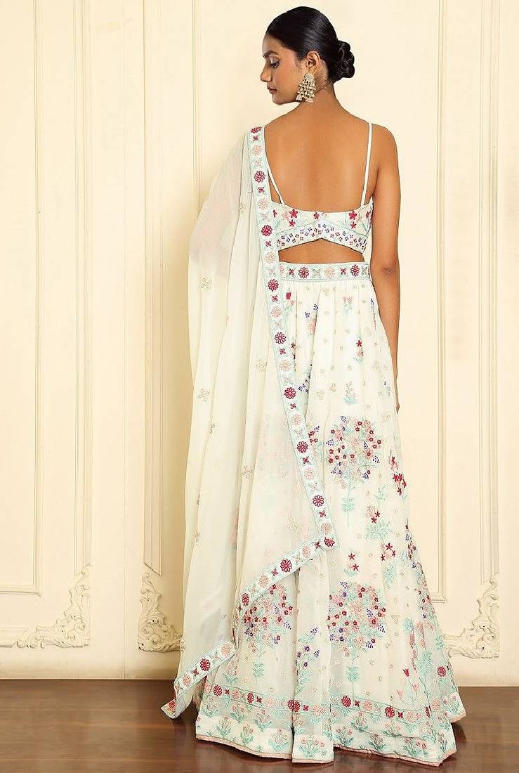 GLAMOROUS WOMEN'S CREAM 3MM SEQUINS AND THREAD EMBROIDERED GEORGETTE FABRIC LEHENGA CHOLI FOR WEDDING