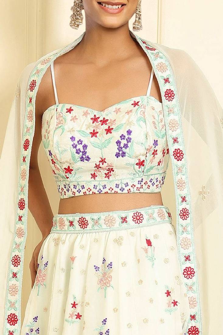 GLAMOROUS WOMEN'S CREAM 3MM SEQUINS AND THREAD EMBROIDERED GEORGETTE FABRIC LEHENGA CHOLI FOR WEDDING