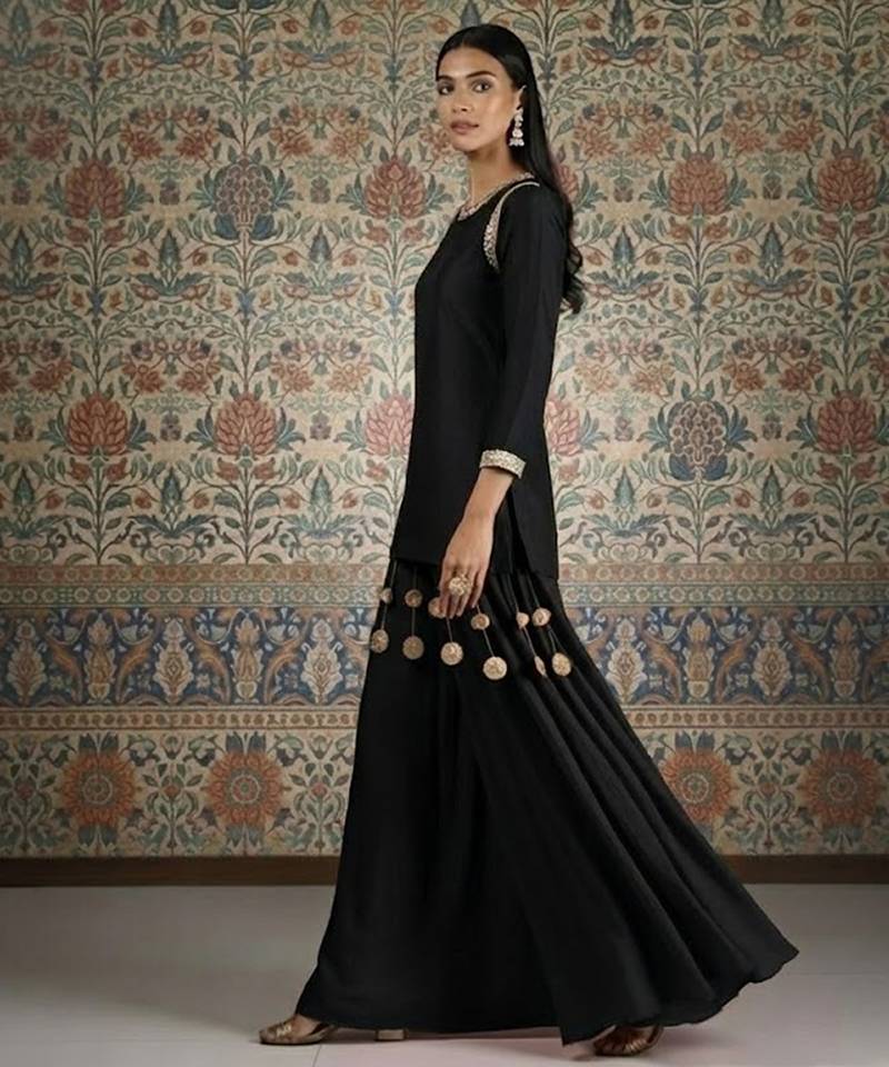 Black vichitra silk kurta palazzo set