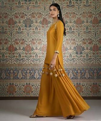Mustard vichitra silk kurta palazzo set 1