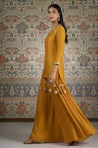 Mustard vichitra silk kurta palazzo set