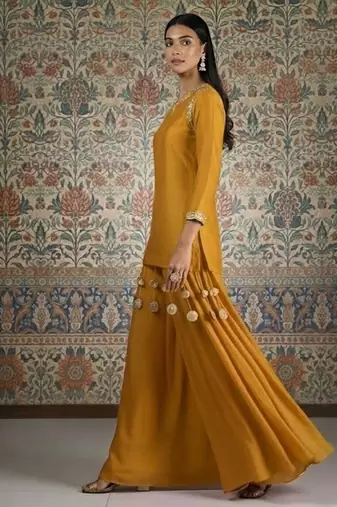 Mustard vichitra silk kurta palazzo set