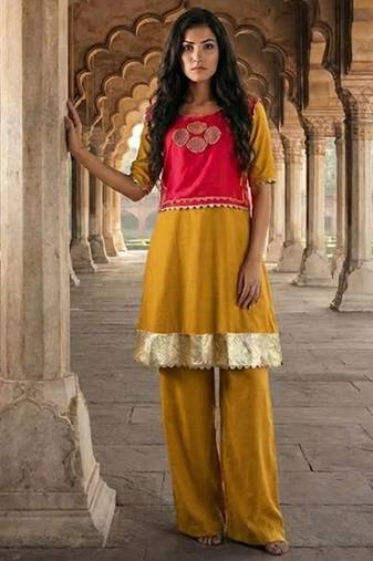 Mustard silk blend embroidered salwar kameez