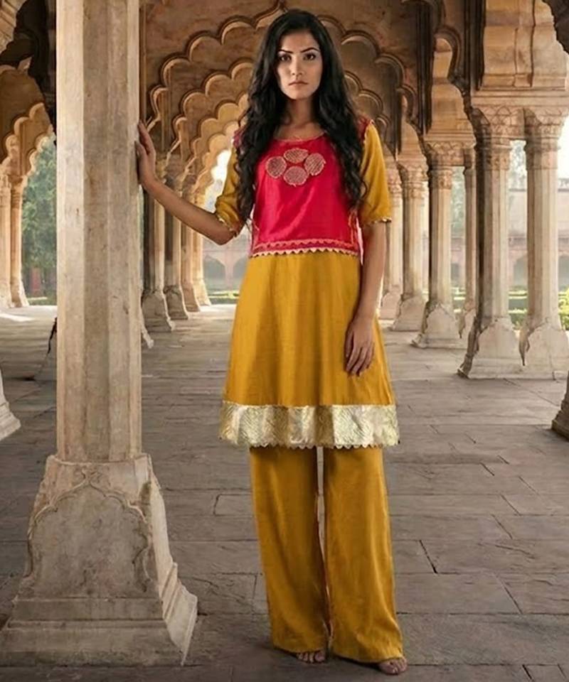 Mustard silk blend embroidered salwar kameez