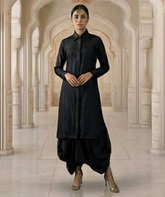 Black vichitra silk cowl skirt set 1