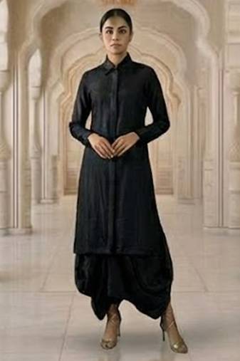 Black vichitra silk cowl skirt set