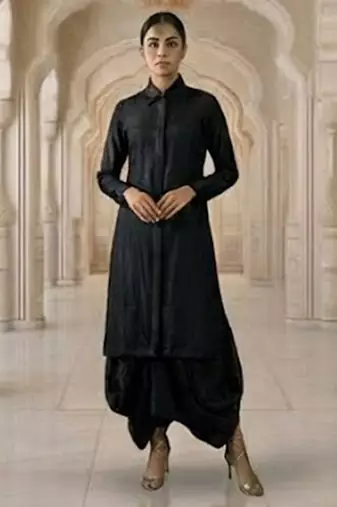 Black vichitra silk cowl skirt set