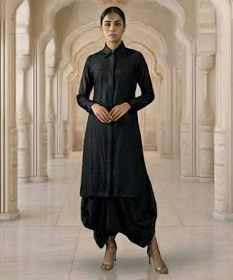 Black vichitra silk cowl skirt set