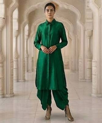 Green vichitra silk cowl skirt set 1