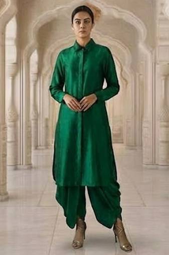 Green vichitra silk cowl skirt set
