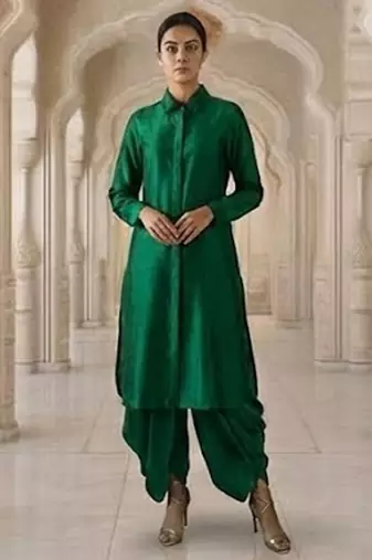 Green vichitra silk cowl skirt set