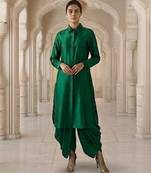 Green vichitra silk cowl skirt set