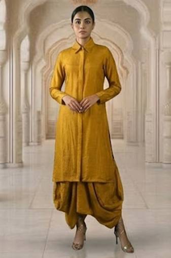 Mustard vichitra silk cowl skirt set
