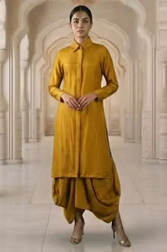 Mustard vichitra silk cowl skirt set