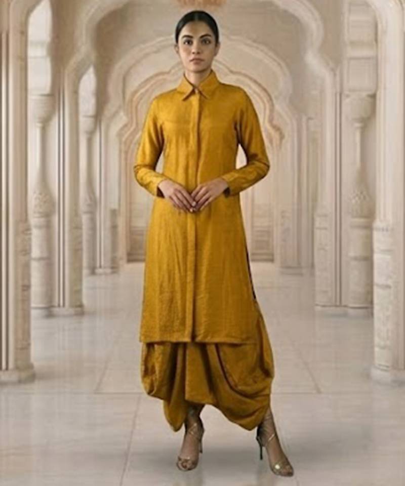Mustard vichitra silk cowl skirt set