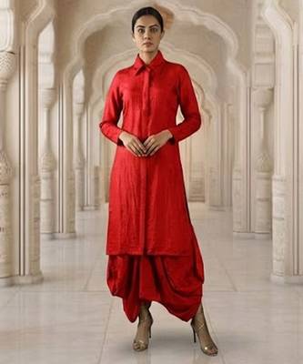 Red vichitra silk cowl skirt set 1