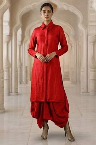 Red vichitra silk cowl skirt set