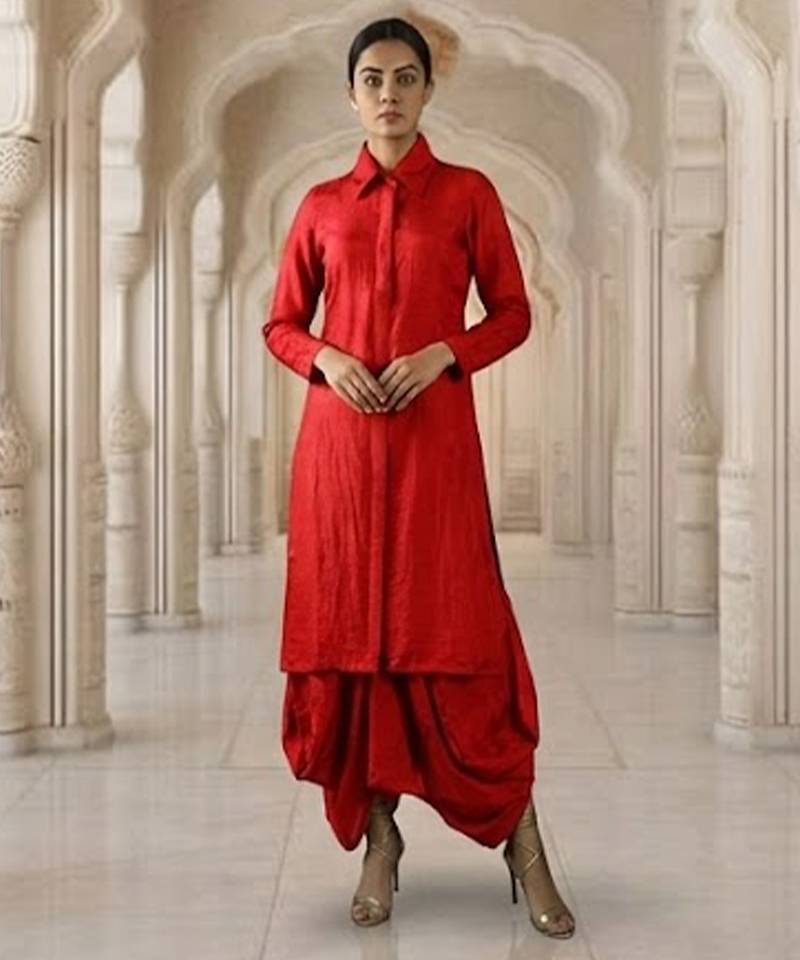 Red vichitra silk cowl skirt set