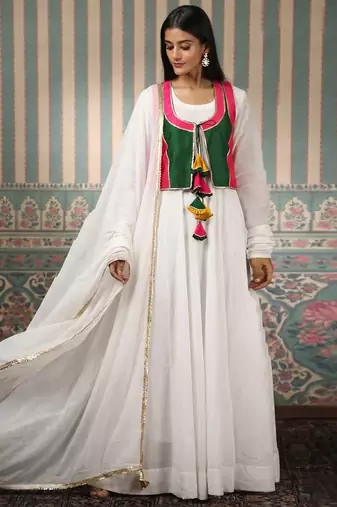 White vichitra jacket set organza dupatta