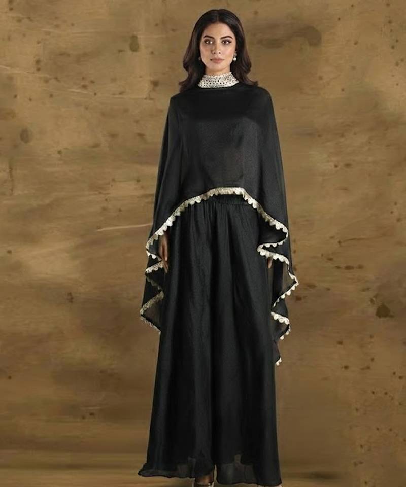 Black vichitra silk cape palazzo set