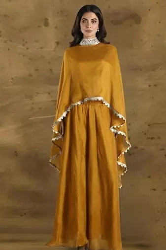 Mustard vichitra silk cape palazzo set