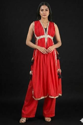 Red vichitra silk fusion set