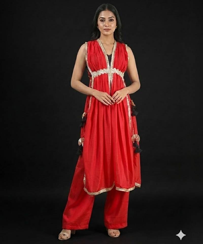 Red vichitra silk fusion set