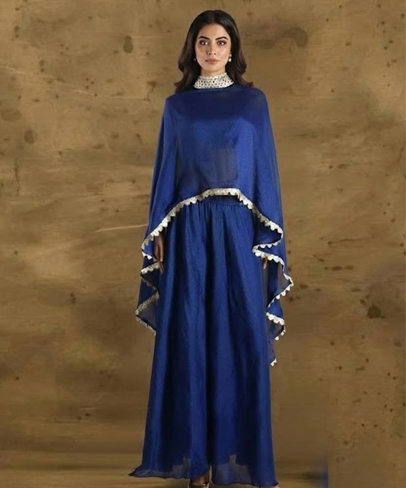 Royal blue vichitra silk cape palazzo set