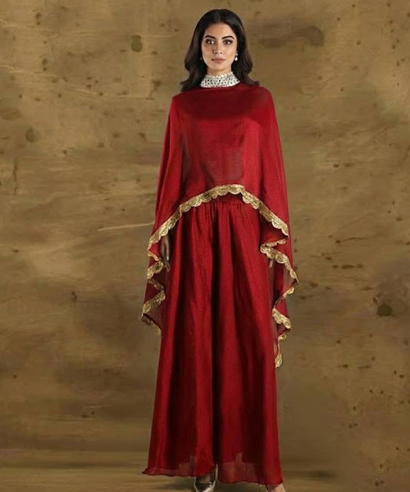 Red vichitra silk cape palazzo set