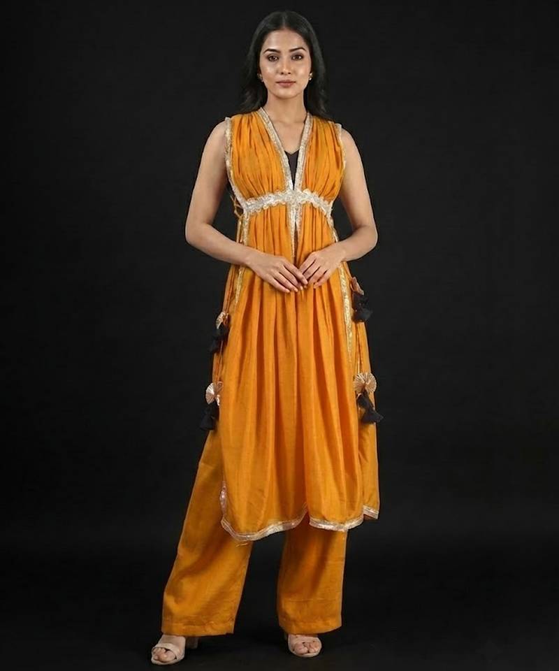 Mustard vichitra silk fusion set