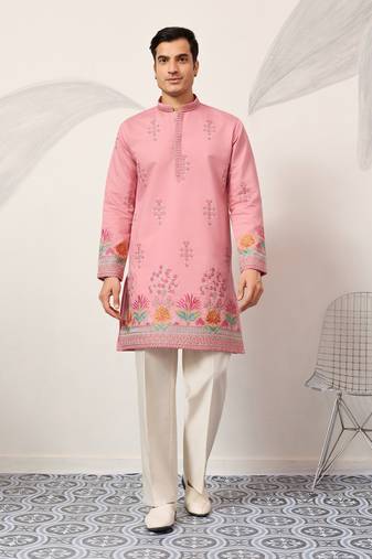 PINK VISCOSE SILK THREAD & SEQUINS EMBROIDERED WORK WEDDING FESTIVAL MARRIAGE PARTY WEAR STRAIGHT MENS KURTA