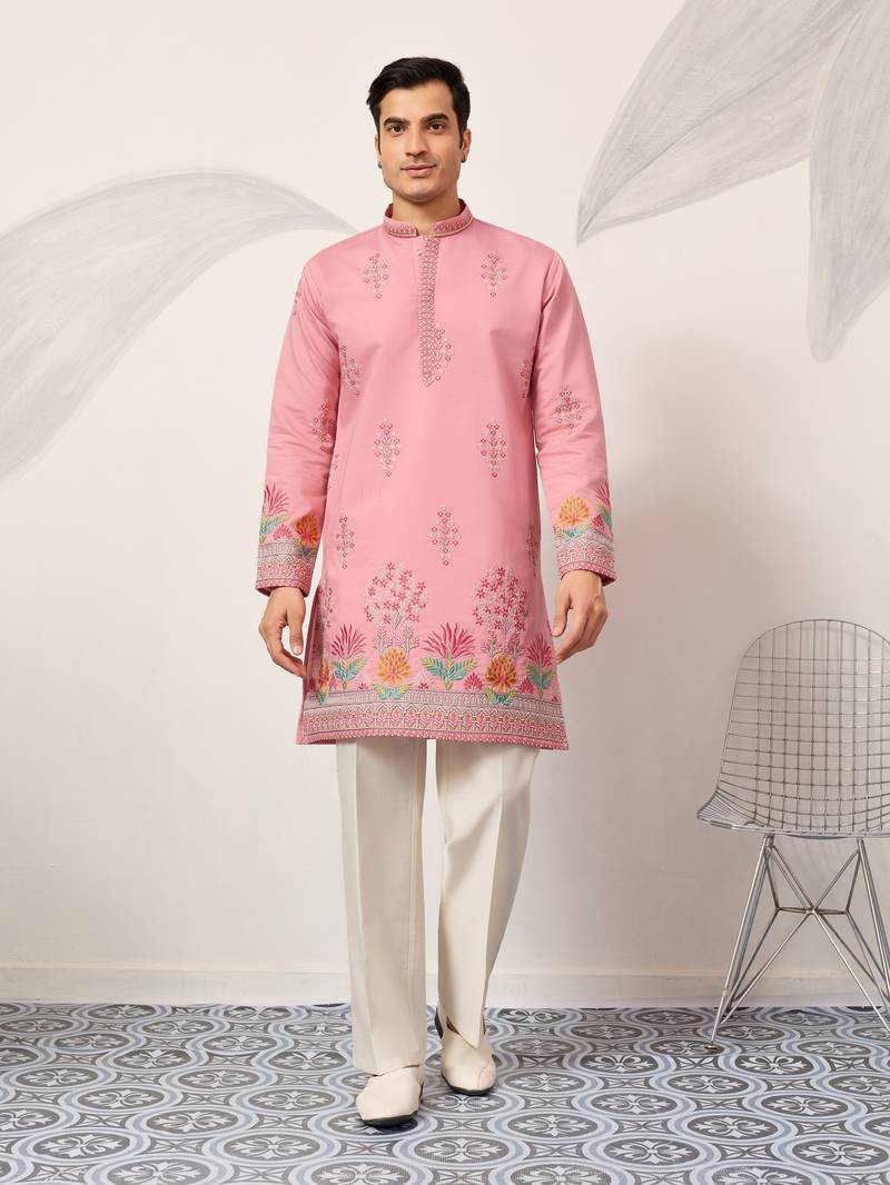 PINK VISCOSE SILK THREAD & SEQUINS EMBROIDERED WORK WEDDING FESTIVAL MARRIAGE PARTY WEAR STRAIGHT MENS KURTA