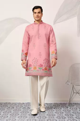 Pink viscose silk thread & sequins embroidered work wedding festival marriage party wear straight mens kurta