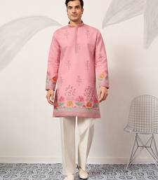 pink viscose silk floral embroidered kurta pajama set for men