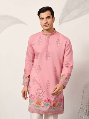pink viscose silk floral embroidered kurta pajama set for men 3