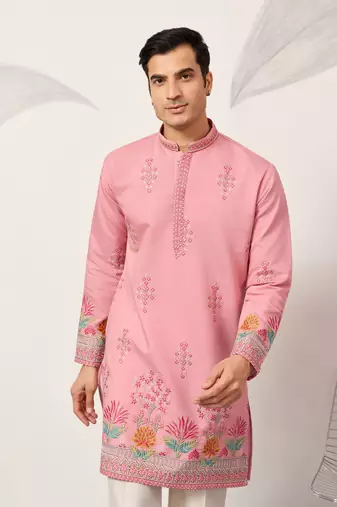 pink viscose silk floral embroidered kurta pajama set for men