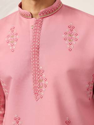 pink viscose silk floral embroidered kurta pajama set for men 4