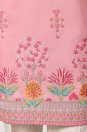 pink viscose silk floral embroidered kurta pajama set for men