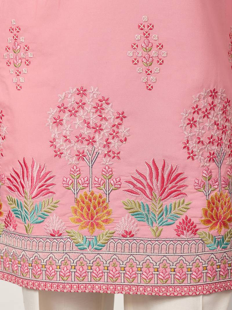 pink viscose silk floral embroidered kurta pajama set for men