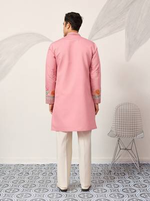pink viscose silk floral embroidered kurta pajama set for men 6