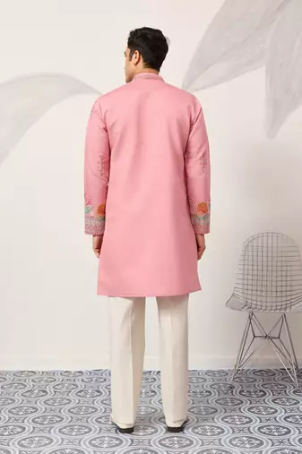 pink viscose silk floral embroidered kurta pajama set for men