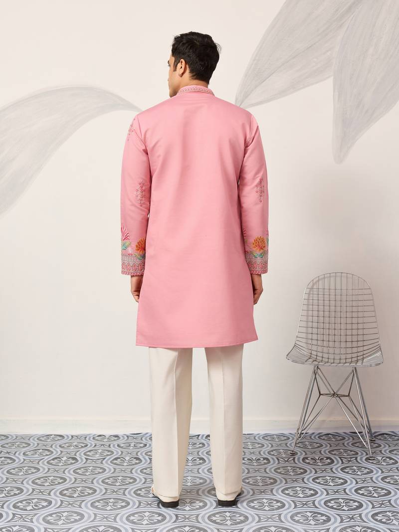 pink viscose silk floral embroidered kurta pajama set for men