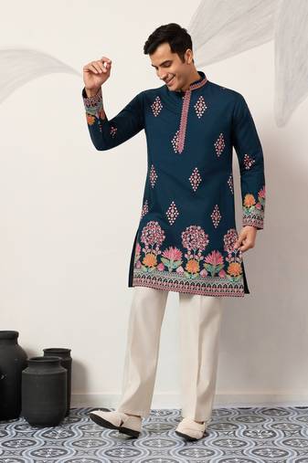 TEAL BLUE VISCOSE SILK THREAD & SEQUINS EMBROIDERED WORK WEDDING FESTIVAL MARRIAGE PARTY WEAR STRAIGHT MENS KURTA