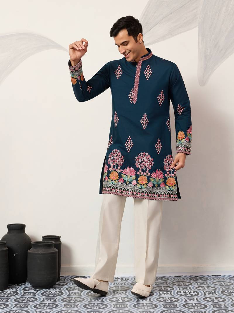 TEAL BLUE VISCOSE SILK THREAD & SEQUINS EMBROIDERED WORK WEDDING FESTIVAL MARRIAGE PARTY WEAR STRAIGHT MENS KURTA