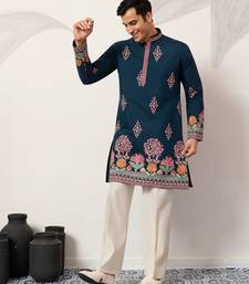teal blue viscose silk floral embroidered kurta pajama set for men