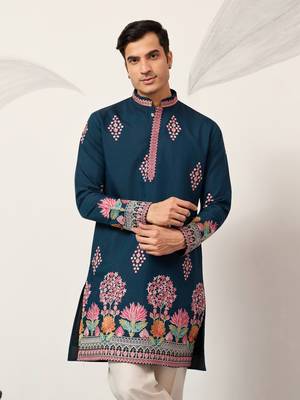 teal blue viscose silk floral embroidered kurta pajama set for men 3