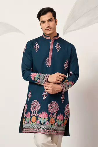teal blue viscose silk floral embroidered kurta pajama set for men