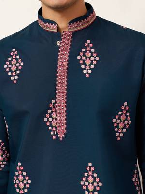 teal blue viscose silk floral embroidered kurta pajama set for men 4