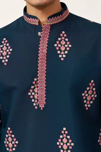 teal blue viscose silk floral embroidered kurta pajama set for men