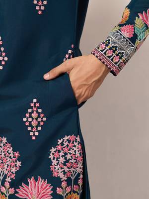 teal blue viscose silk floral embroidered kurta pajama set for men 5